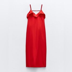 ZARA WOMAN RED RUFFLED GABARDINE MIDI DRESS SIZE L